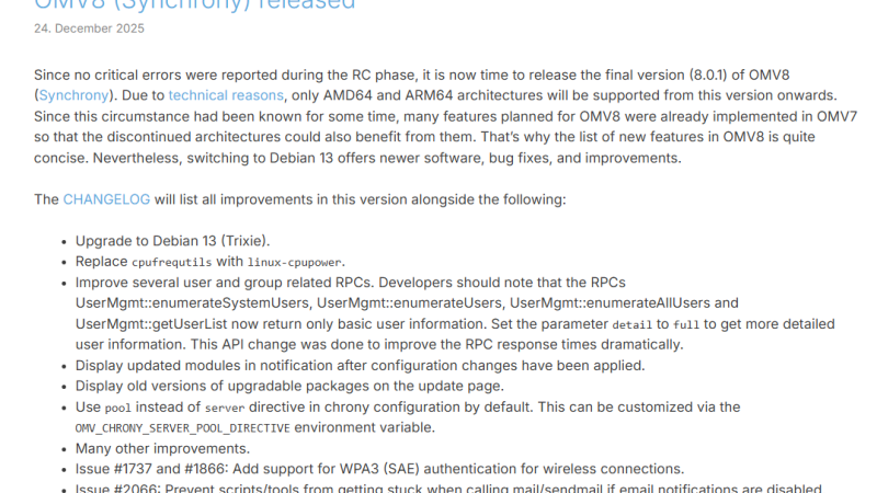 OpenMediaVault 8.0 정식 출시 – 실사용자 관점 주요 Update 정리