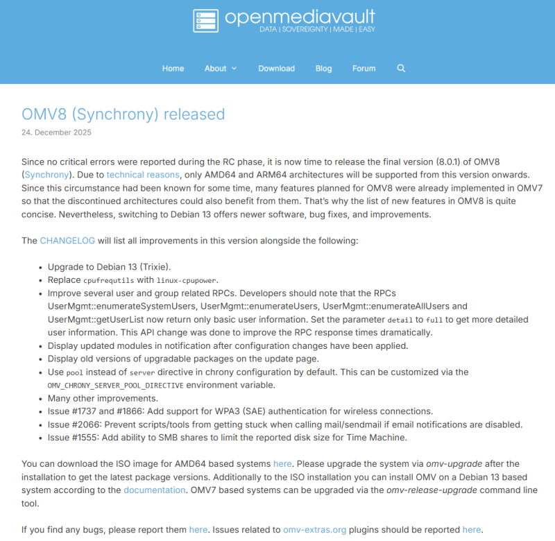 OpenMediaVault 8.0 정식 출시 – 실사용자 관점 주요 Update 정리